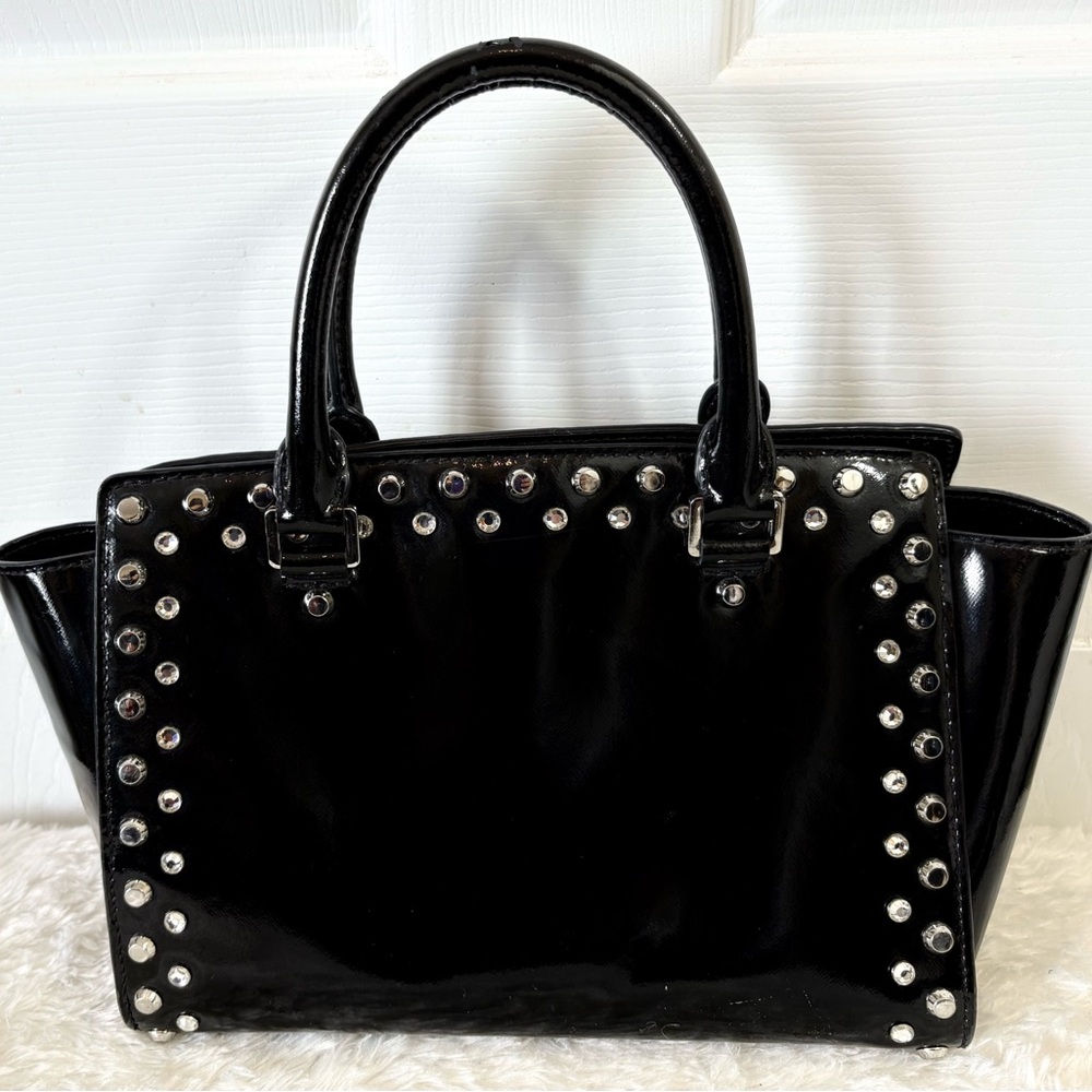 MK Michael Kors Black Patent Studded Rhinestone Handbag - Picture 4 of 9